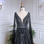 Arabic Black A Line Cape Sleeves V Neck Beaded Long Evening Dresses Gowns For Women Wedding Party 2025 LA71960