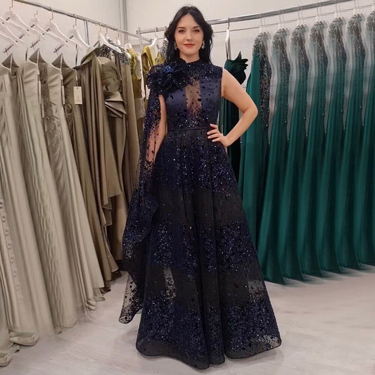 Vestido de noche árabe negro de corte A, sexy, de encaje, con mangas tipo capa y cuentas, de lujo, para mujer, para boda, fiesta, 2025, LA71951 