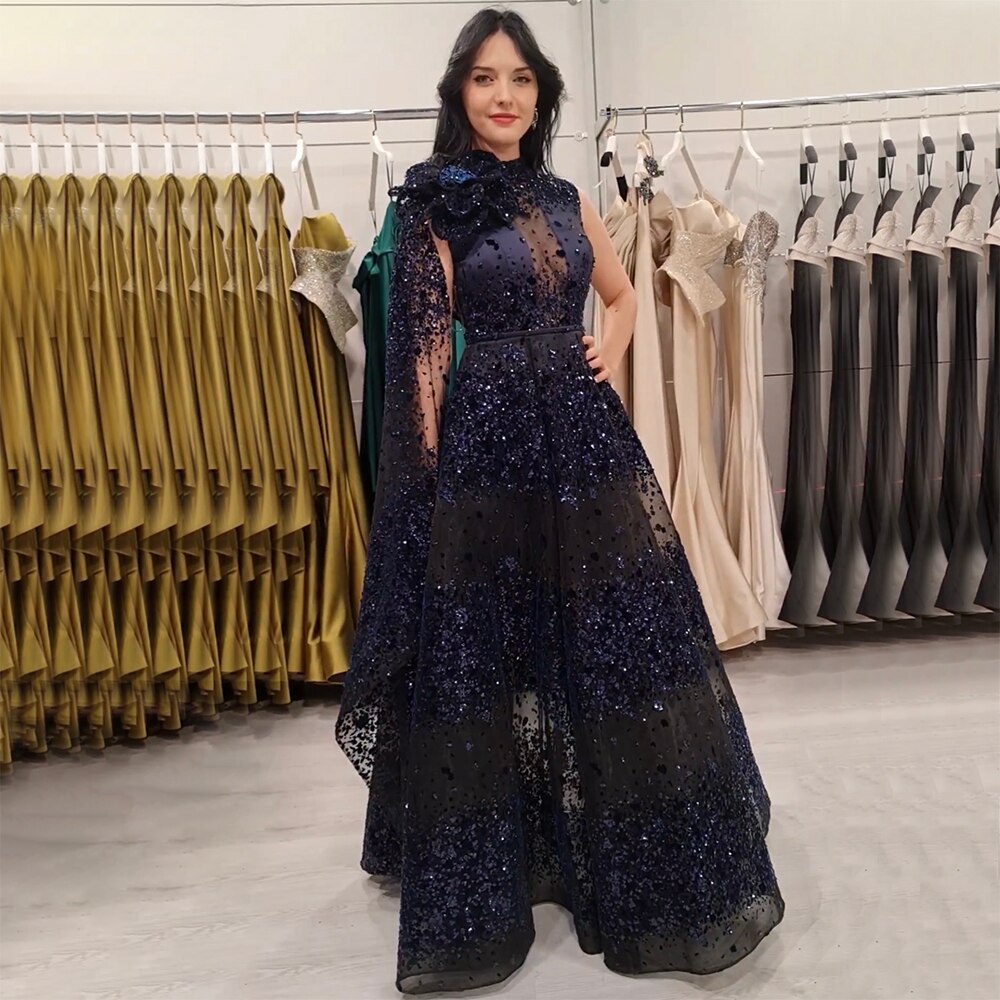 Vestido de noche árabe negro de corte A, sexy, de encaje, con mangas tipo capa y cuentas, de lujo, para mujer, para boda, fiesta, 2025, LA71951 