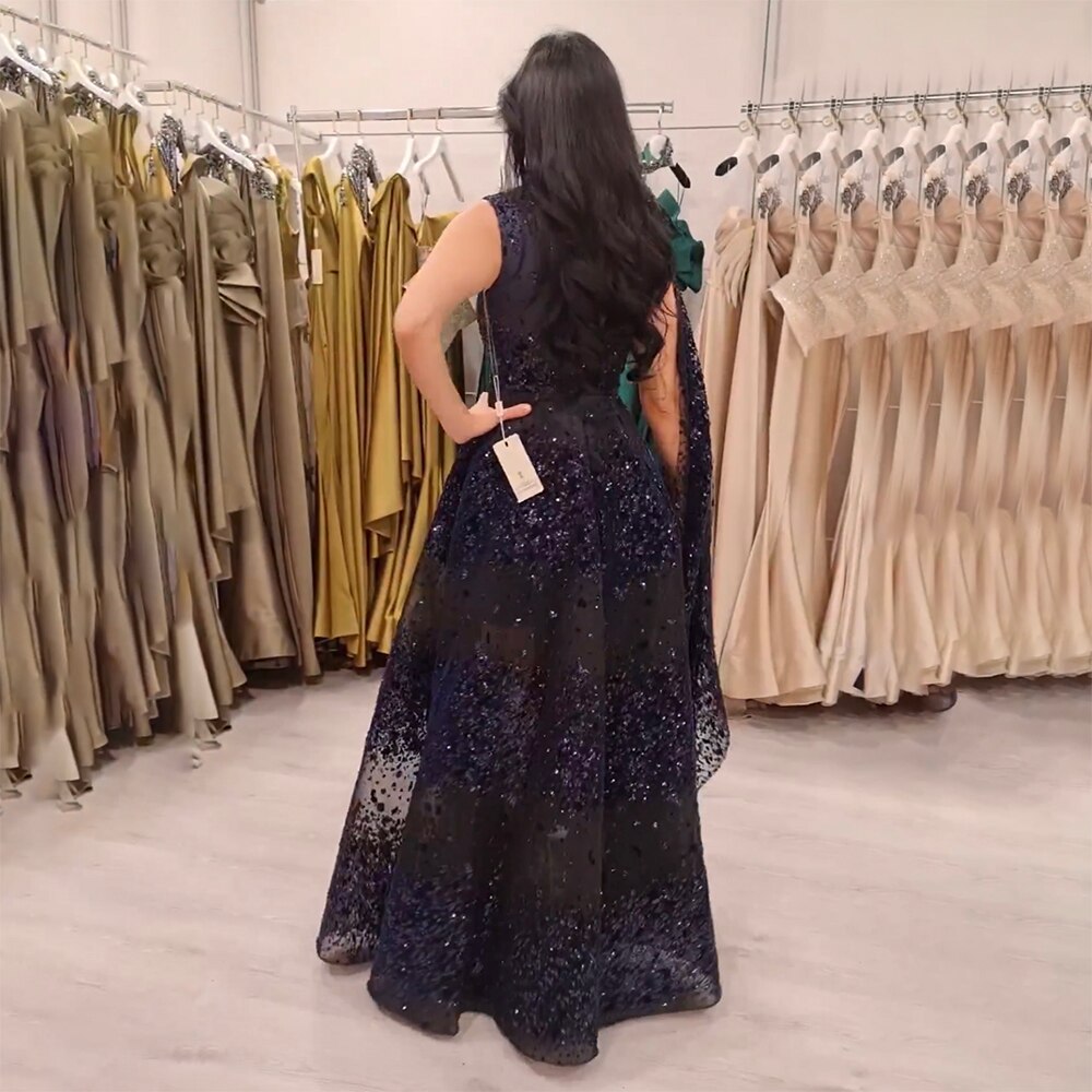 Vestido de noche árabe negro de corte A, sexy, de encaje, con mangas tipo capa y cuentas, de lujo, para mujer, para boda, fiesta, 2025, LA71951 
