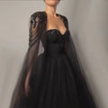 Arabisch Schwarz Elegante Cape Sleeve A-linie Perlen Lace Up Abendkleider Kleider Für Frauen Hochzeit Party 2025 LA72392 