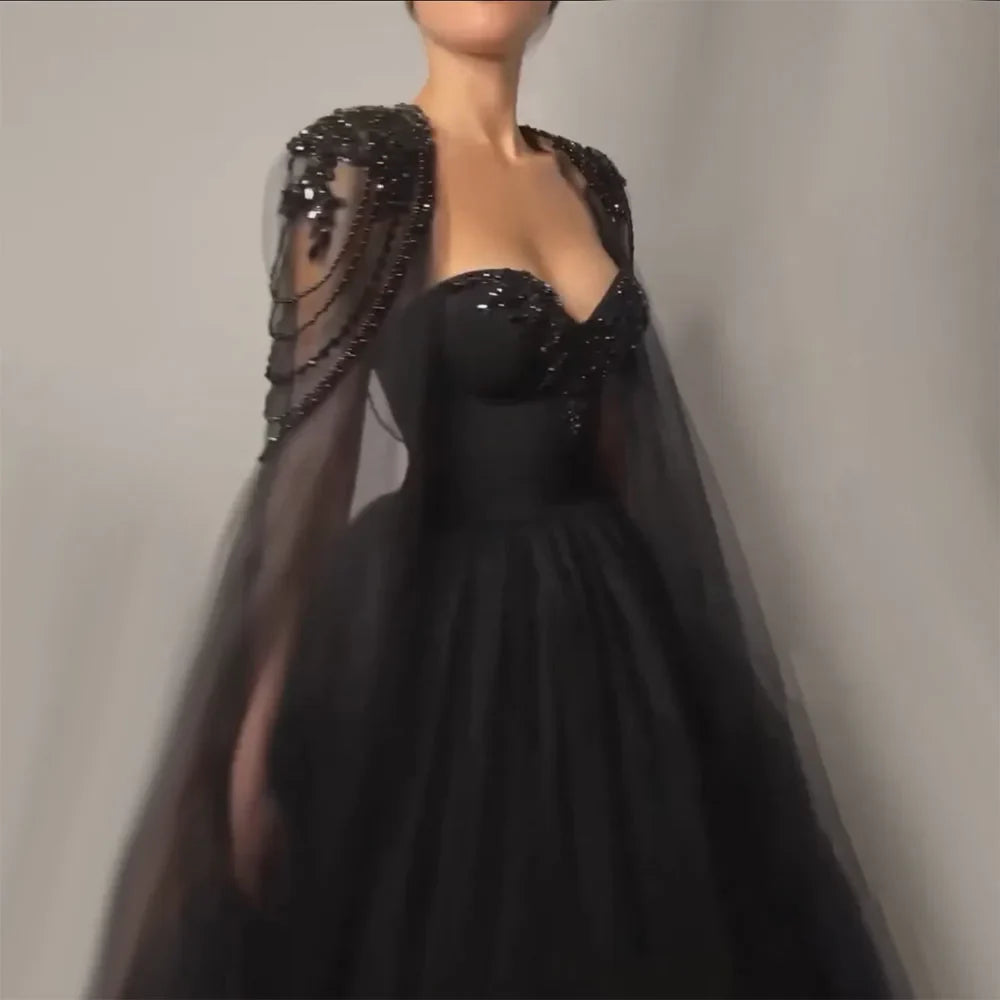 Vestido de noche árabe negro elegante con mangas abullonadas, corte A, con cuentas y encaje, para mujer, para boda, fiesta, 2025, LA72392 