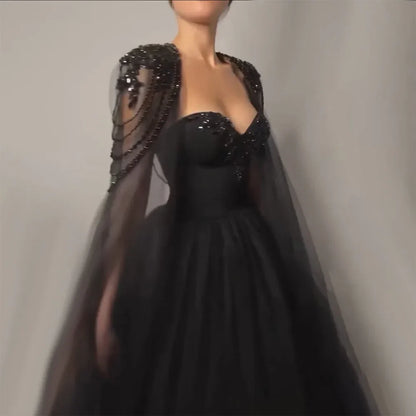 Vestido de noche árabe negro elegante con mangas abullonadas, corte A, con cuentas y encaje, para mujer, para boda, fiesta, 2025, LA72392 