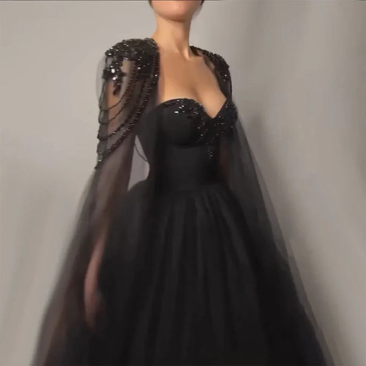 Vestido de noche árabe negro elegante con mangas abullonadas, corte A, con cuentas y encaje, para mujer, para boda, fiesta, 2025, LA72392 