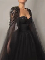 Arabisch Schwarz Elegante Cape Sleeve A-linie Perlen Lace Up Abendkleider Kleider Für Frauen Hochzeit Party 2025 LA72392 