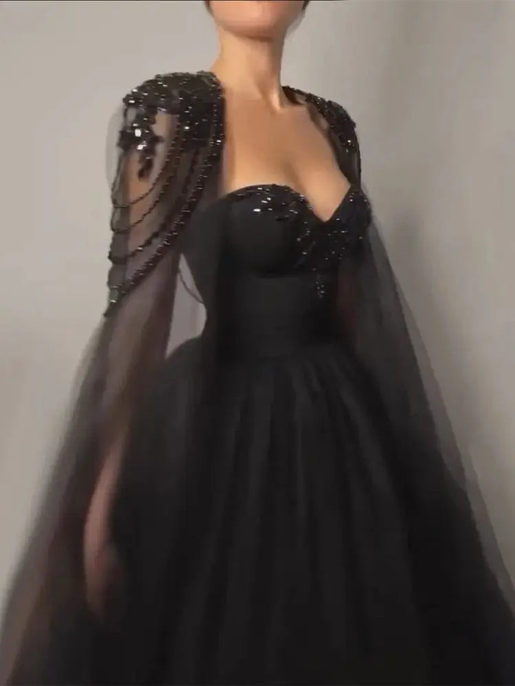 Vestido de noche árabe negro elegante con mangas abullonadas, corte A, con cuentas y encaje, para mujer, para boda, fiesta, 2025, LA72392 