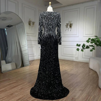 Vestido de noche elegante de sirena árabe negro con cuentas de lujo para mujer, ideal para bodas, 2025, LA72220 