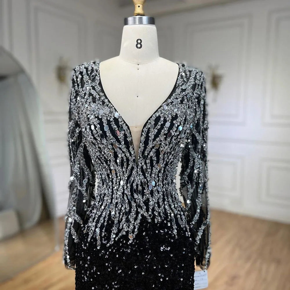 Vestido de noche elegante de sirena árabe negro con cuentas de lujo para mujer, ideal para bodas, 2025, LA72220 