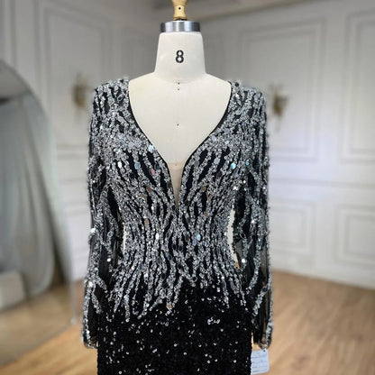 Vestido de noche elegante de sirena árabe negro con cuentas de lujo para mujer, ideal para bodas, 2025, LA72220 