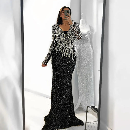 Vestido de noche elegante de sirena árabe negro con cuentas de lujo para mujer, ideal para bodas, 2025, LA72220 