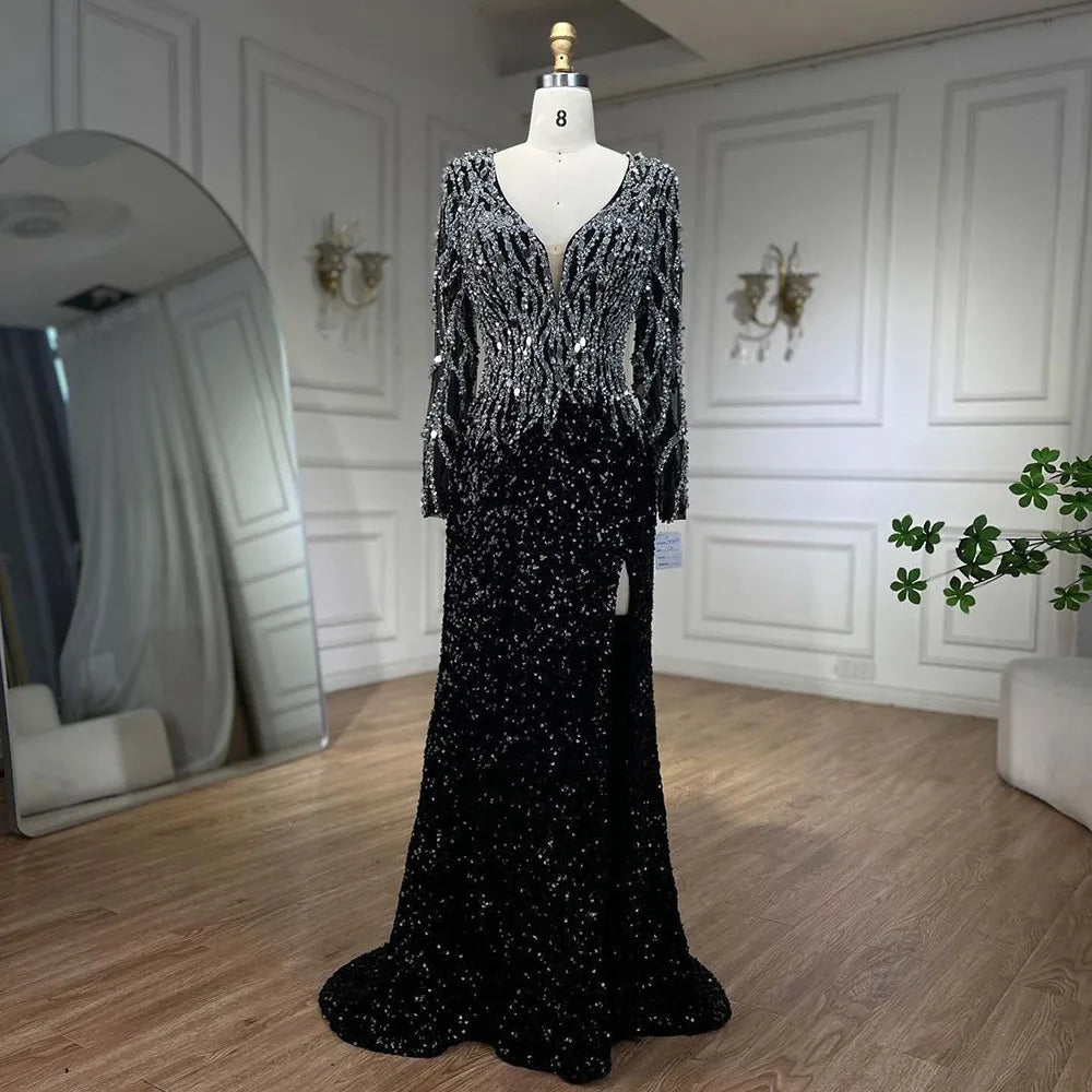Vestido de noche elegante de sirena árabe negro con cuentas de lujo para mujer, ideal para bodas, 2025, LA72220 