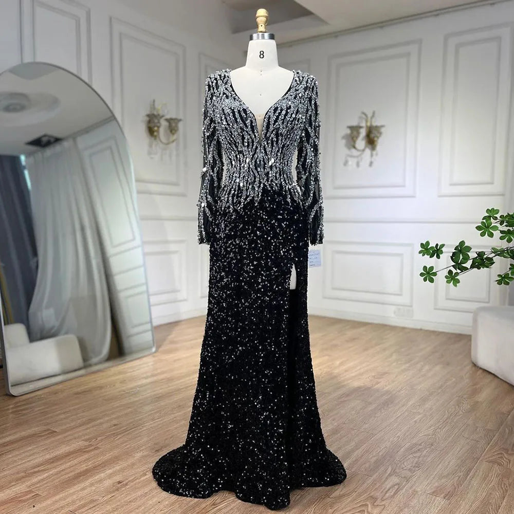 Vestido de noche elegante de sirena árabe negro con cuentas de lujo para mujer, ideal para bodas, 2025, LA72220 