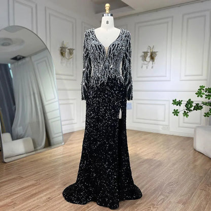 Vestido de noche elegante de sirena árabe negro con cuentas de lujo para mujer, ideal para bodas, 2025, LA72220 
