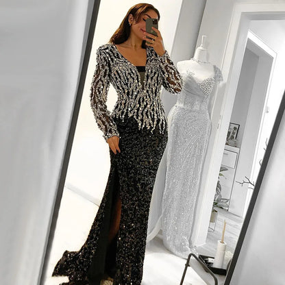 Vestido de noche elegante de sirena árabe negro con cuentas de lujo para mujer, ideal para bodas, 2025, LA72220 