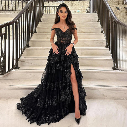 Vestido de noche árabe negro con abertura alta, tirantes finos, corte A, encaje y cuentas, para mujer, para fiesta de boda LA72586 