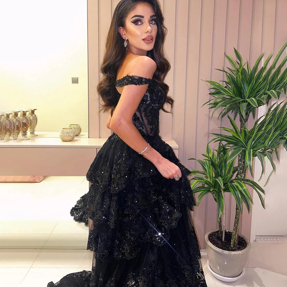 Vestido de noche árabe negro con abertura alta, tirantes finos, corte A, encaje y cuentas, para mujer, para fiesta de boda LA72586 