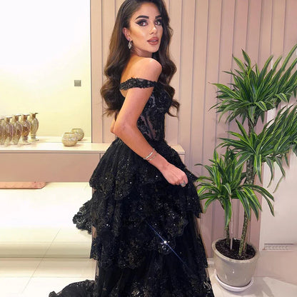 Vestido de noche árabe negro con abertura alta, tirantes finos, corte A, encaje y cuentas, para mujer, para fiesta de boda LA72586 