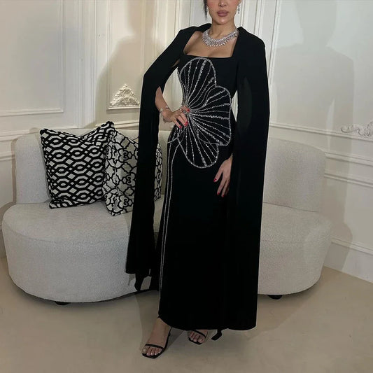 Vestido de noche elegante estilo sirena árabe negro con mangas estilo capa y cuentas de satén de lujo estilo Dubái para mujer, vestido de fiesta LA72461 