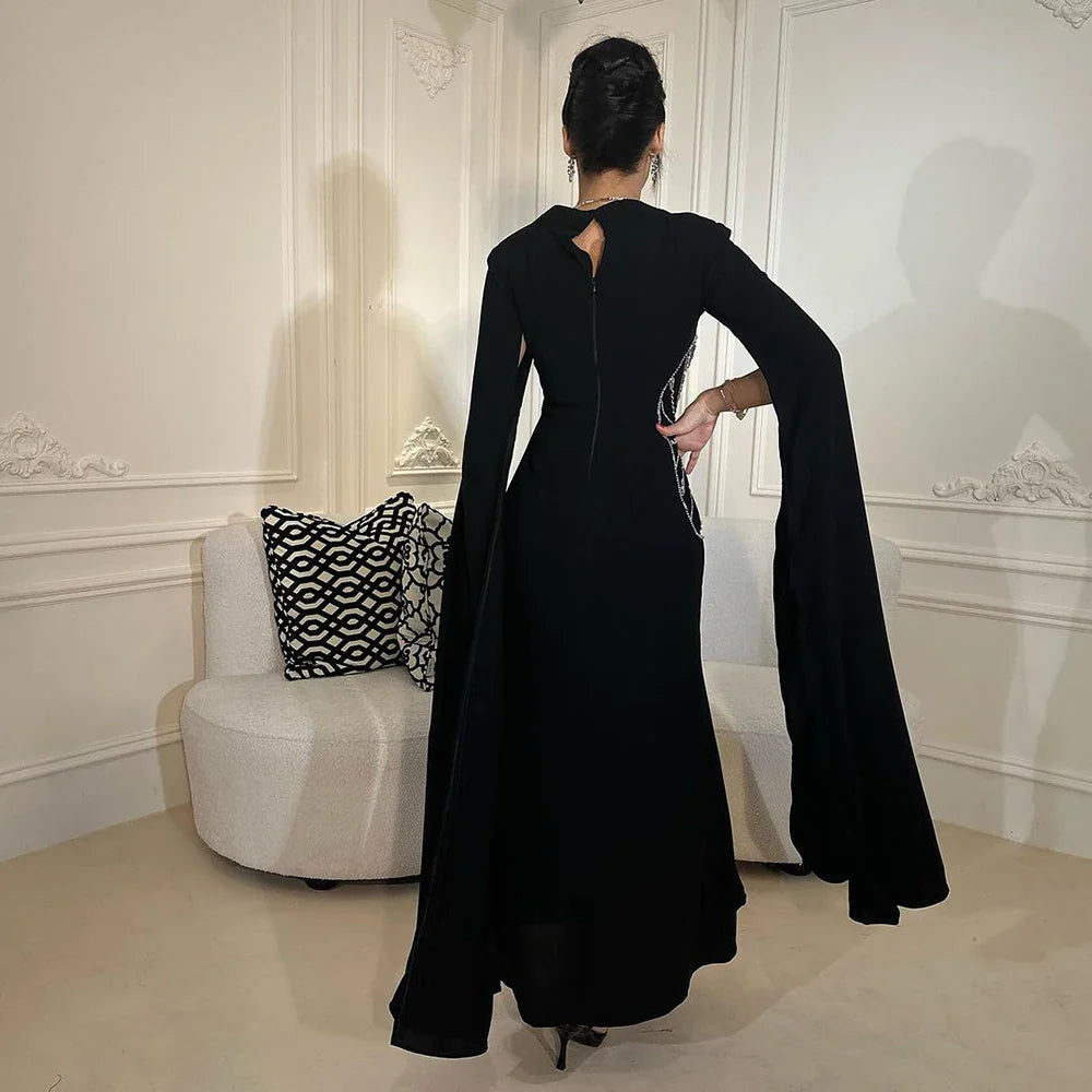 Arabic Black Mermaid Elegant Cape Sleeves Beaded Satin Luxury Dubai Evening Dresses Gowns For Women Party LA72461