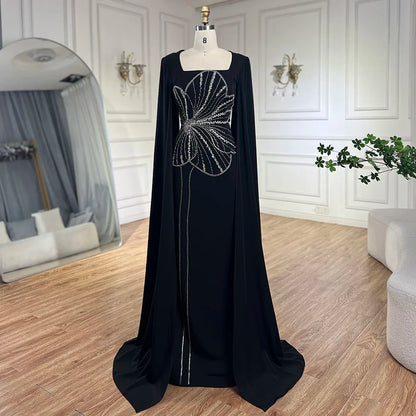Vestido de noche elegante estilo sirena árabe negro con mangas estilo capa y cuentas de satén de lujo estilo Dubái para mujer, vestido de fiesta LA72461 