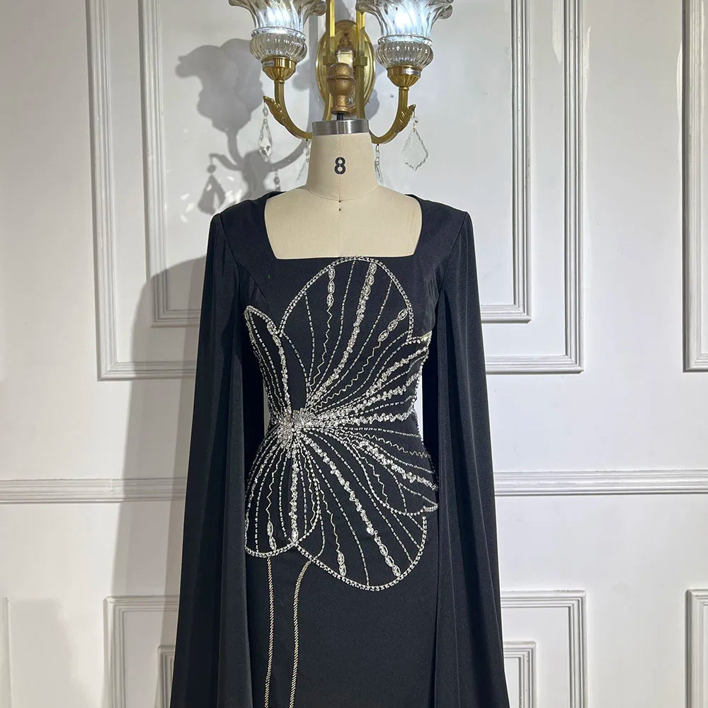 Arabic Black Mermaid Elegant Cape Sleeves Beaded Satin Luxury Dubai Evening Dresses Gowns For Women Party LA72461