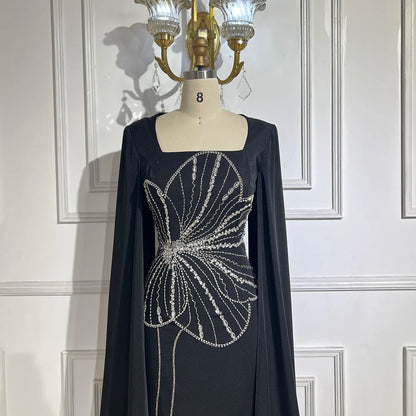 Vestido de noche elegante estilo sirena árabe negro con mangas estilo capa y cuentas de satén de lujo estilo Dubái para mujer, vestido de fiesta LA72461 
