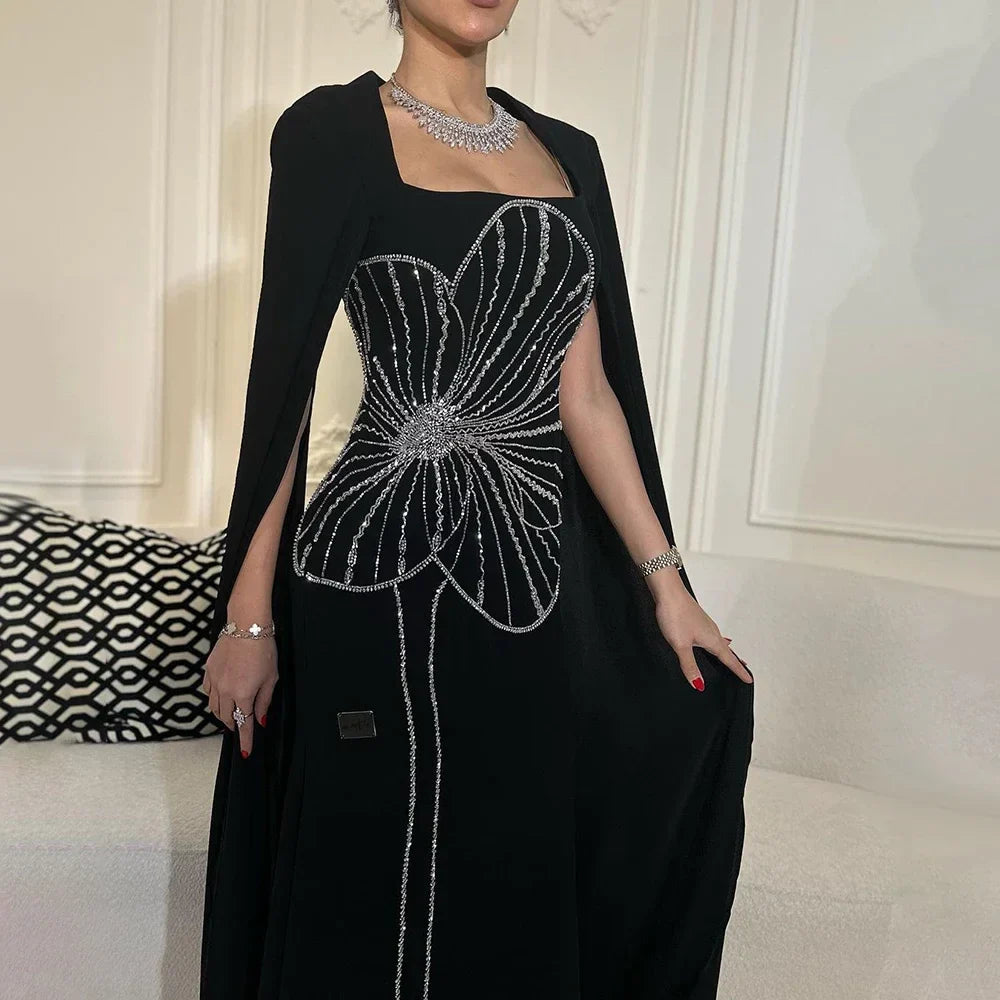 Vestido de noche elegante estilo sirena árabe negro con mangas estilo capa y cuentas de satén de lujo estilo Dubái para mujer, vestido de fiesta LA72461 
