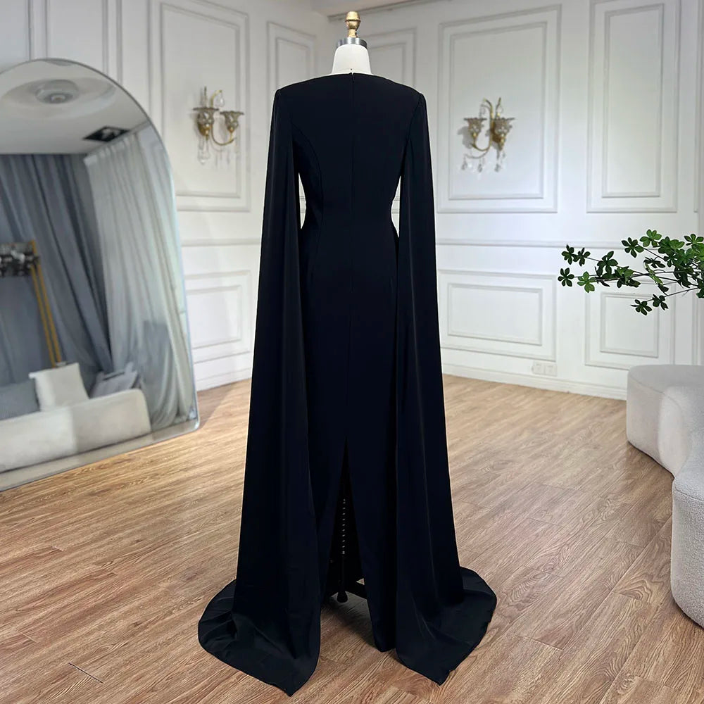 Vestido de noche elegante estilo sirena árabe negro con mangas estilo capa y cuentas de satén de lujo estilo Dubái para mujer, vestido de fiesta LA72461 