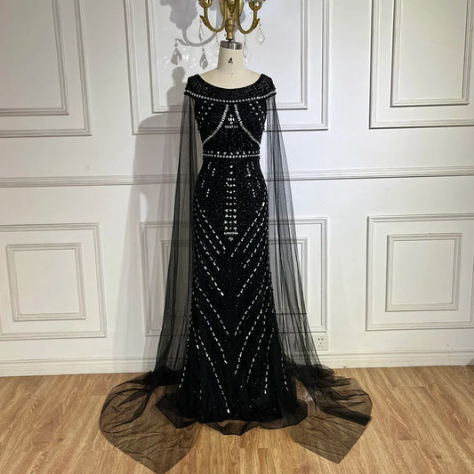 Vestido de sirena árabe negro con mangas estilo capa y cuentas de lujo | Vestidos de noche para mujer, fiesta de bodas 2025 LA72423 