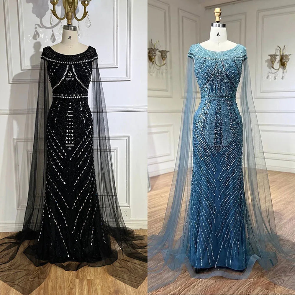 Arabisches schwarzes Meerjungfrauenkleid mit Cape-Ärmeln und luxuriösen Perlen | Abendkleider für Frauen, Hochzeitsfeier 2025 LA72423 