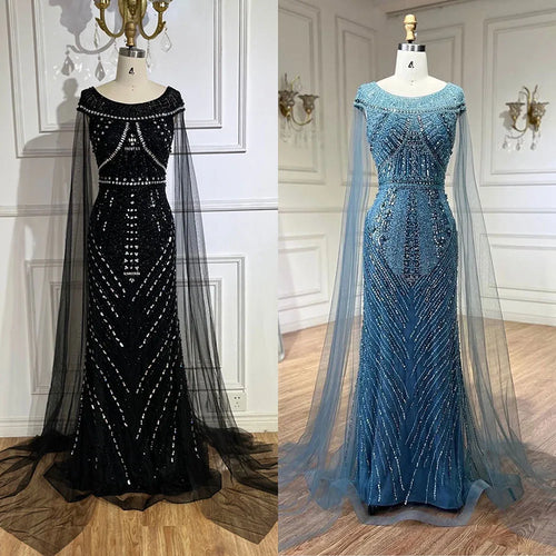 Arabic Black Mermaid Gown with Cape Sleeves and Beaded Luxury | Evening Dresses for Women Wedding Party 2025 LA72423