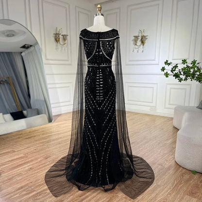 Vestido de sirena árabe negro con mangas estilo capa y cuentas de lujo | Vestidos de noche para mujer, fiesta de bodas 2025 LA72423 