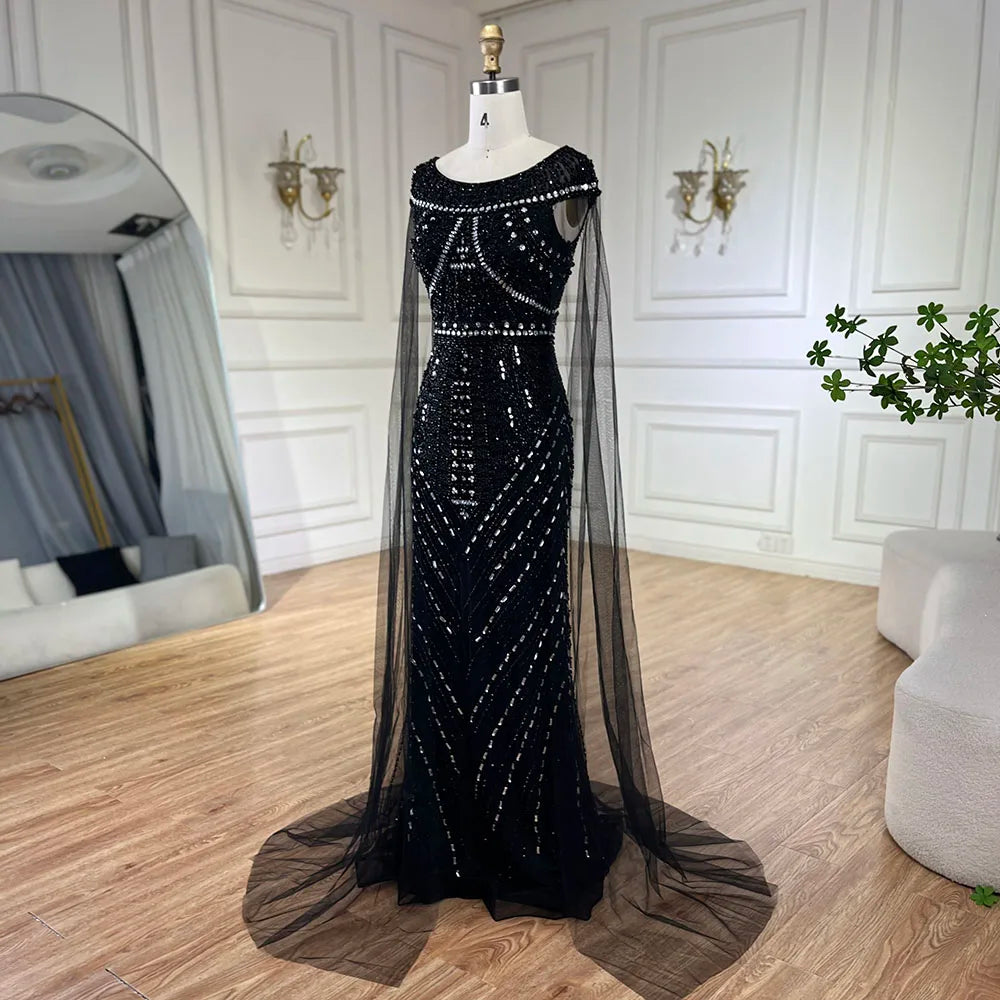 Vestido de sirena árabe negro con mangas estilo capa y cuentas de lujo | Vestidos de noche para mujer, fiesta de bodas 2025 LA72423 