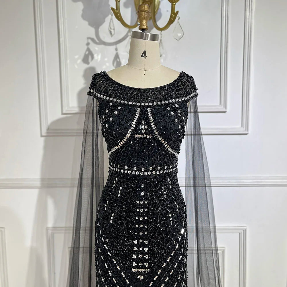 Vestido de sirena árabe negro con mangas estilo capa y cuentas de lujo | Vestidos de noche para mujer, fiesta de bodas 2025 LA72423 