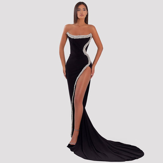 Vestido de noche árabe negro de sirena, sexy, con abertura alta y hombros descubiertos, con cuentas, para mujer, fiesta, LA72016 