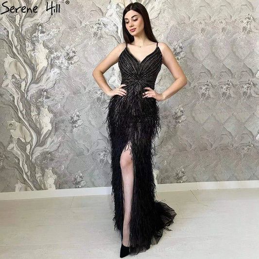 Vestido de noche estilo sirena árabe con tirantes finos, plumas divididas y cuentas, para mujer, para boda, fiesta, 2025, LA70623 