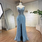 Arabic Black Spaghetti Strap Split Feathers Beaded Mermaid Evening Dresses Gownsfor Women Wedding Party 2025 LA70623