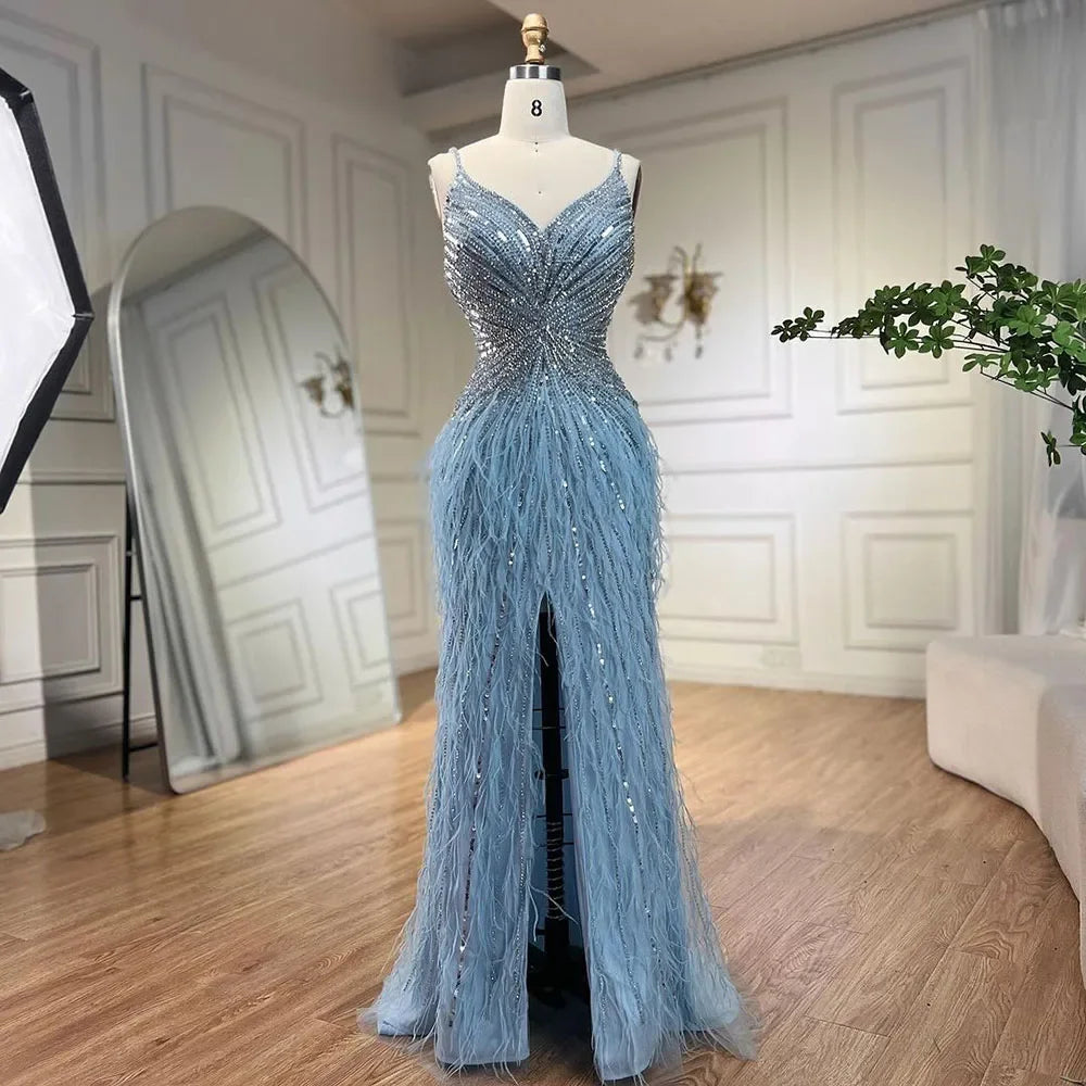 Vestido de noche estilo sirena árabe con tirantes finos, plumas divididas y cuentas, para mujer, para boda, fiesta, 2025, LA70623 