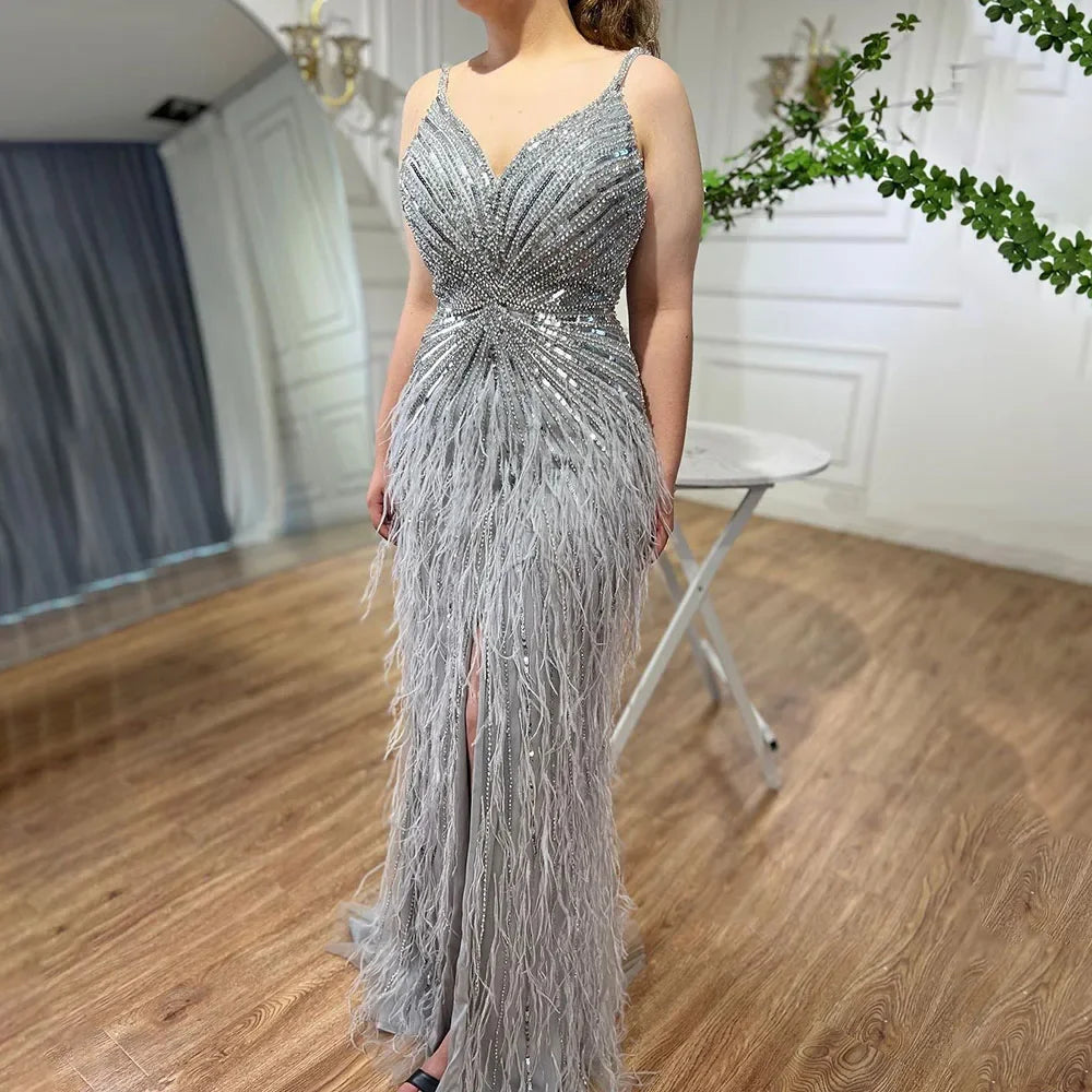 Vestido de noche estilo sirena árabe con tirantes finos, plumas divididas y cuentas, para mujer, para boda, fiesta, 2025, LA70623 
