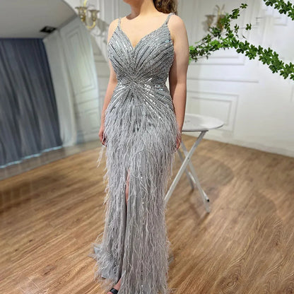 Vestido de noche estilo sirena árabe con tirantes finos, plumas divididas y cuentas, para mujer, para boda, fiesta, 2025, LA70623 