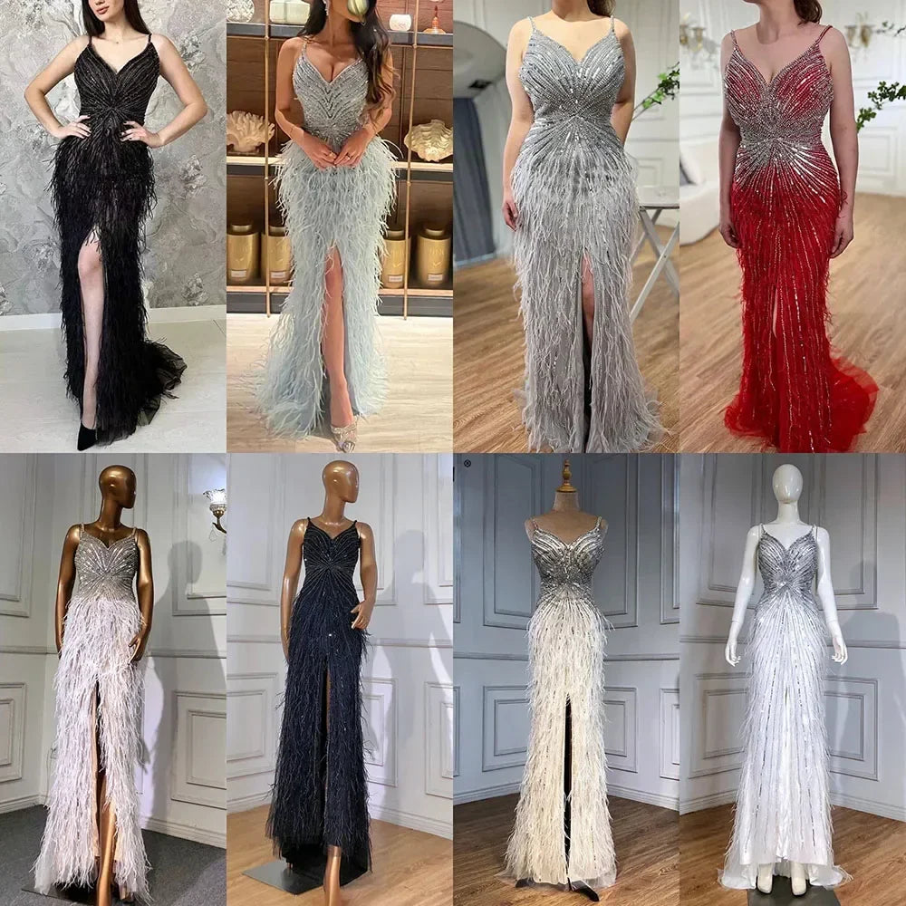 Vestido de noche estilo sirena árabe con tirantes finos, plumas divididas y cuentas, para mujer, para boda, fiesta, 2025, LA70623 