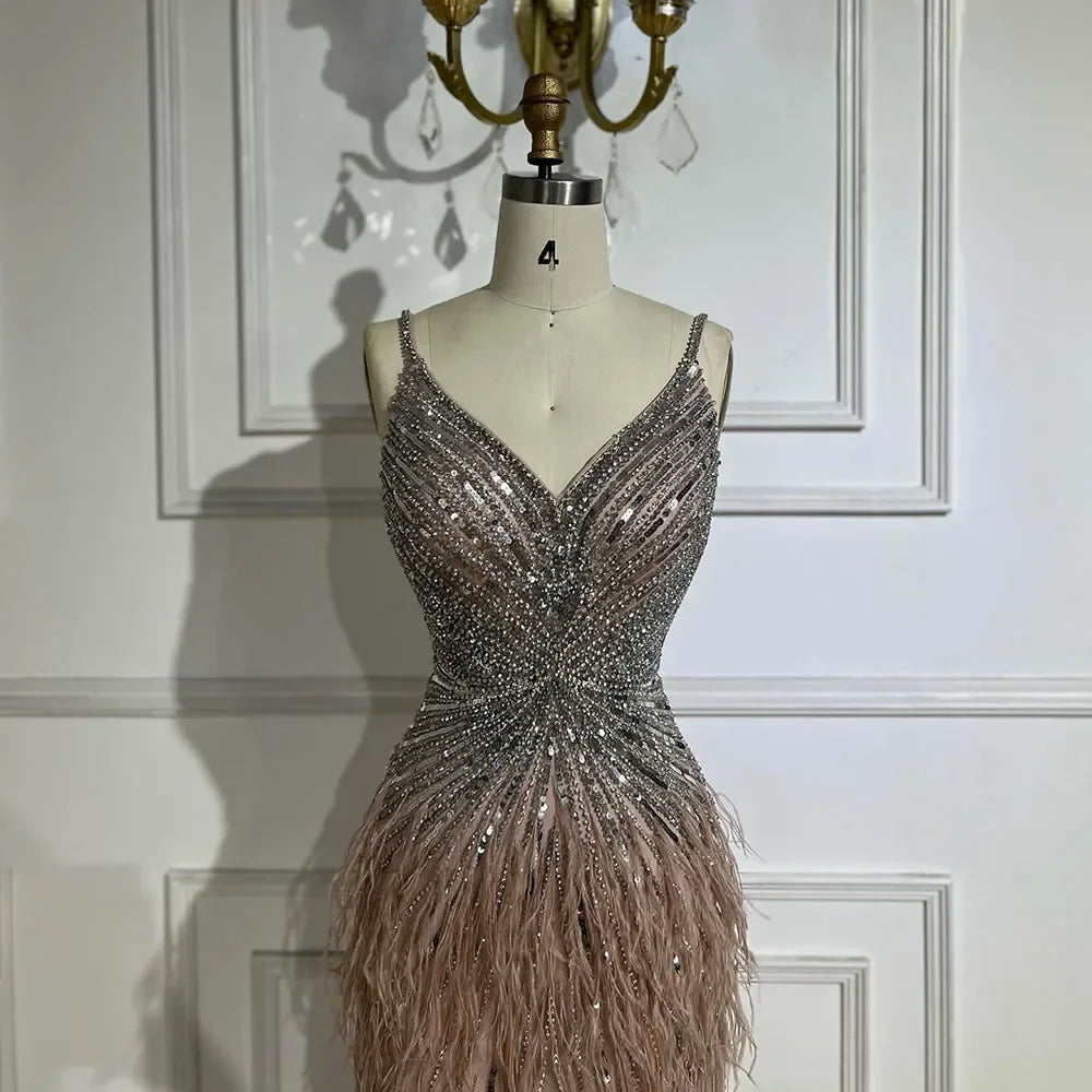 Vestido de noche estilo sirena árabe con tirantes finos, plumas divididas y cuentas, para mujer, para boda, fiesta, 2025, LA70623 