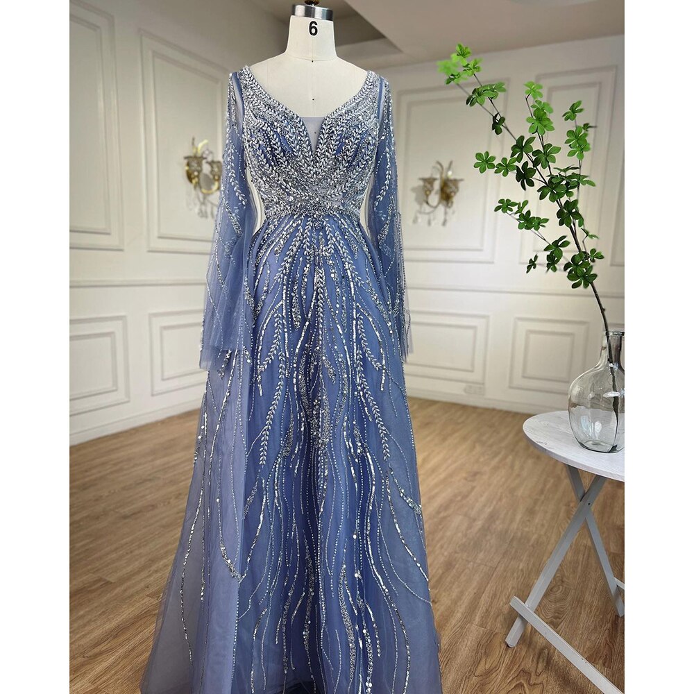 Arabic Blue A Line Beaded Evening Dresses Long 2025 Celebrity Gowns For Women Wedding Party LA72099