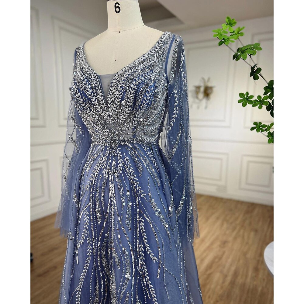 Arabisch Blau A-linie Perlen Abendkleider Lange 2025 Promi Kleider Für Frauen Hochzeit Party LA72099 