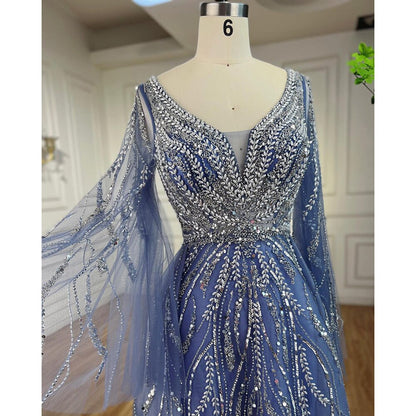 Vestidos de noche largos árabes de corte A con cuentas en azul, para mujer, para bodas, 2025, LA72099 