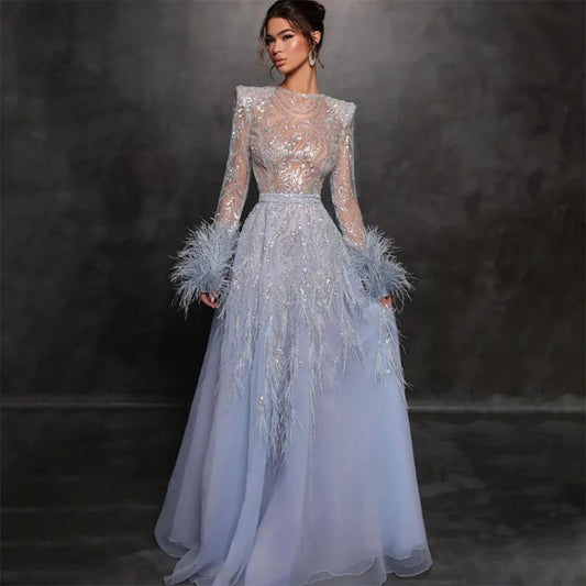 Vestidos de noche largos de lujo de Dubái, corte A, azul árabe, con plumas y cuentas, para mujer, para boda, fiesta, 2025, LA71993 