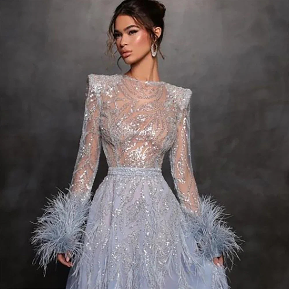 Vestidos de noche largos de lujo de Dubái, corte A, azul árabe, con plumas y cuentas, para mujer, para boda, fiesta, 2025, LA71993 