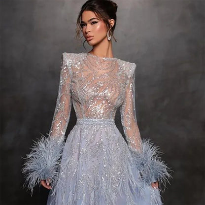 Vestidos de noche largos de lujo de Dubái, corte A, azul árabe, con plumas y cuentas, para mujer, para boda, fiesta, 2025, LA71993 