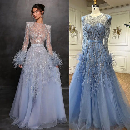 Vestidos de noche largos de lujo de Dubái, corte A, azul árabe, con plumas y cuentas, para mujer, para boda, fiesta, 2025, LA71993 