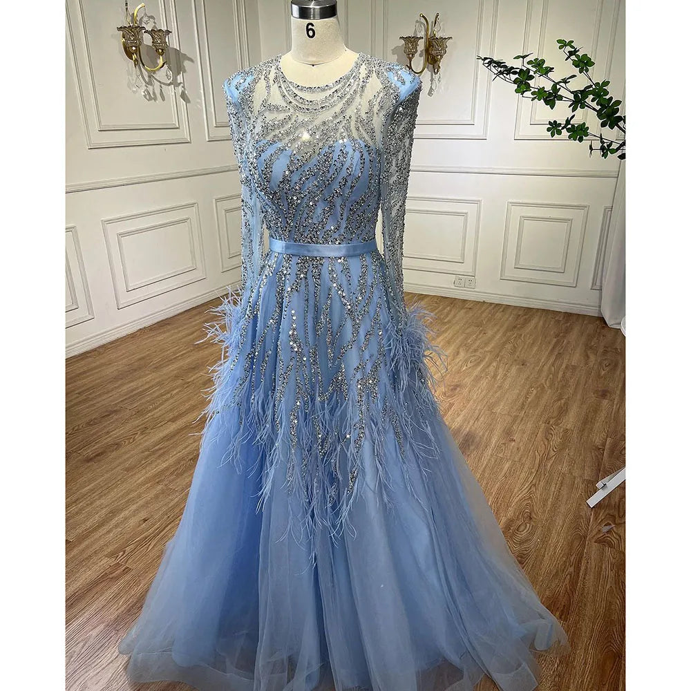 Vestidos de noche largos de lujo de Dubái, corte A, azul árabe, con plumas y cuentas, para mujer, para boda, fiesta, 2025, LA71993 
